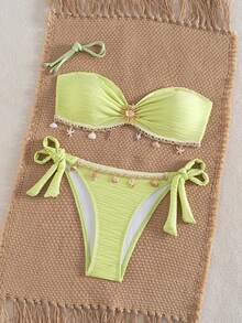 Swim Vcay Women's Summer Beach Vacation Pool Party Swim Fashion Sweet Casual Tropical Textured Fabric Bandeau Bikini Starfish 2pcs Set Sexy Backless Yellow - Multicolor - View 3