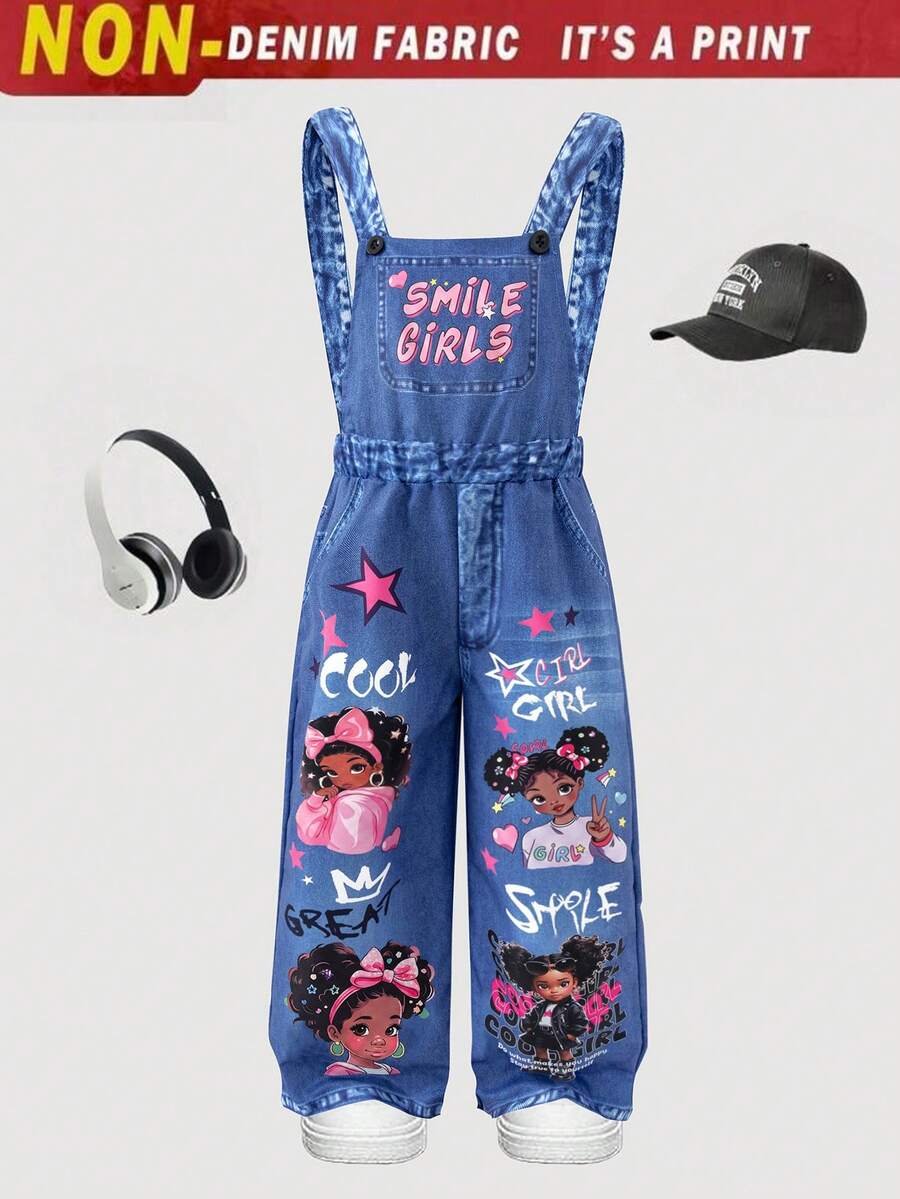 Elladie kids 幼女編織街頭風趣味酷女孩字母印花吊褲，時尚返校單品，個性連身褲，適合春、夏、秋季