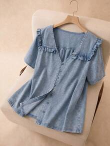 Elaquor Camisa casual de verano con volantes en el bajo y efecto lavado para tallas grandes - Celeste - Ver 5
