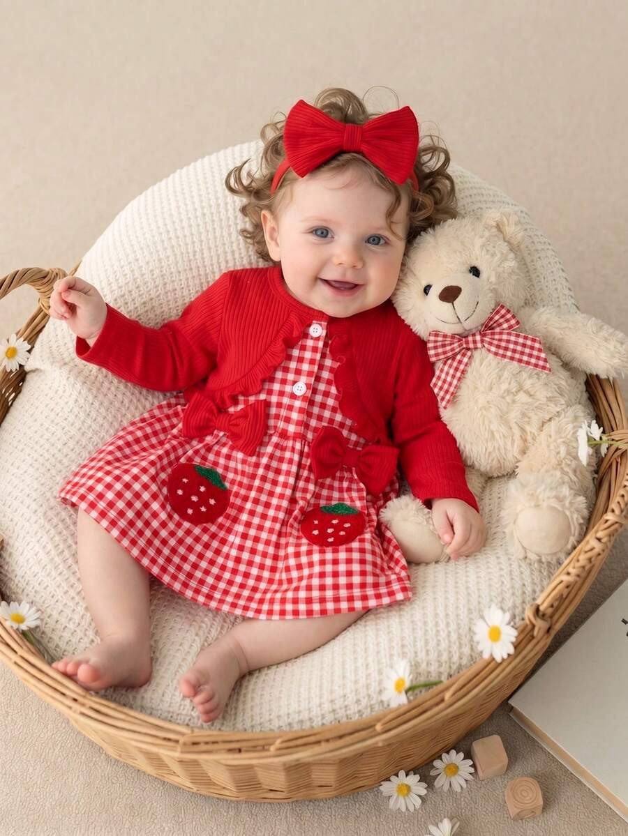 SHEIN Vintaside Kids 新生女嬰紅色蕾絲長袖花卉愛心印花洋裝與配套髮帶2件組，優雅甜美可愛，適合秋季日常戶外休閒活動