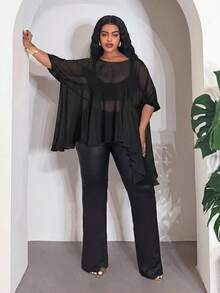 Slaydiva Black Chiffon Ruffle Flare Sleeve Loose Fit Blouse Beach Vacation Vacation Vacation Autumn Sexy Fall - Black - View 7