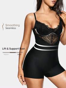SHAPORA Contrast Lace Underwire Cami Shapewear Bodysuit - Black - View 1
