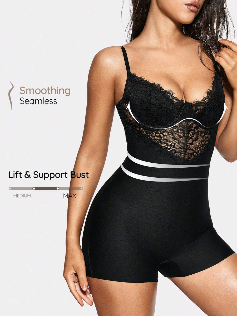 SHAPORA Contrast Lace Underwire Cami Shapewear Bodysuit - Black - View 1