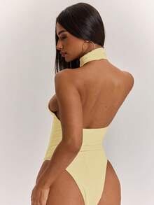 SHEIN BAE Women's Solid Color Halter Neck Backless Fitted Versatile Daily Outing Bodysuit - Yellow - View 2