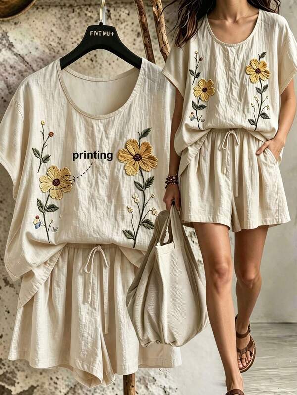 SHEIN Holidaya Women's Casual Slouchy Summer 2-Piece Set, Round Neck Short Sleeve Floral Print Apricot Top And Drawstring Shorts Set, Comfortable Daily Casual Outing Outfit