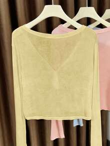 Resyla Soft Skin Cooling V-Neck Half-Button Front Cropped Cover-Up Everyday Daytime Pale Yellow Autumn Casual - Yellow - View 2