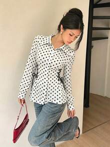 Modelyn 女款圓點領結設計休閒百搭日常出遊襯衫 - 黑與白 - 查看 4