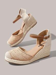 Styleloop Retro Casual Style Woven Wedge Sandals; Buckle Strap Daily Versatile Comfortable Sandals - Camel - View 4