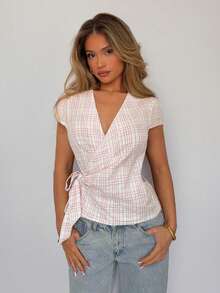 TRNVIE Women's Plaid Print V-Neck Wrap Tie Front Short Sleeve Blouse, Summer - Pink - View 4
