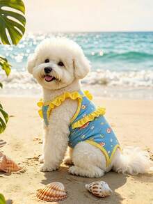PETSIN Pet Swimsuit, Ruffled One-Piece Pet Bathing Suit With Cute Sea Fish Print, Quick Dry Puppy Swimwear For Small Dogs & Cats, Summer Beach Pool Outfit - Blue - View 3
