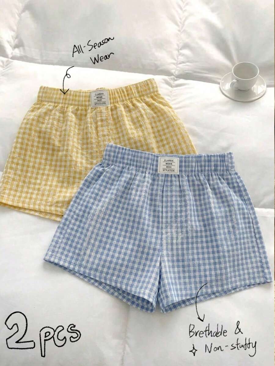 Tseoso 2入組女款休閒短褲;奶油黃+紅色格紋;簡約、透氣;日常/居家;運動;Y2K;夏季;西方節慶;海灘;畢業;度假 - 彩色 - 查看 1