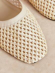 Rosivie Zapatos de mujer blancos tejidos con tira trasera hueca, zapatos de verano transpirables con punta cuadrada, suela plana y empeine bajo de estilo retro - Blanco tejido - Ver 5