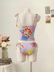 SHEIN MOD 女款夏季海灘花卉印花百褶坦基尼上衣與三角坦基尼下裝兩件式泳衣套裝 - 彩色 - 查看 2