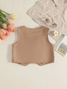 Girls' Brown Leather & Fleece V-Neck Vest With Front Panel Patchwork, Tassel, Faux Pockets, Button Placket, V-Hem Trim, Western Country Vacation Style, Thin For Autumn/Winter - Khaki - View 2