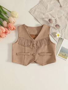 Girls' Brown Leather & Fleece V-Neck Vest With Front Panel Patchwork, Tassel, Faux Pockets, Button Placket, V-Hem Trim, Western Country Vacation Style, Thin For Autumn/Winter - Khaki - View 3