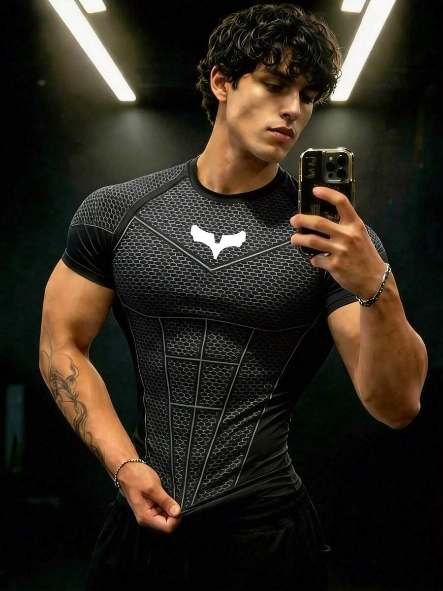 GymBeat 男士運動修身圓領短袖圖案T恤,健身房適用 - 彩色 - 查看 1