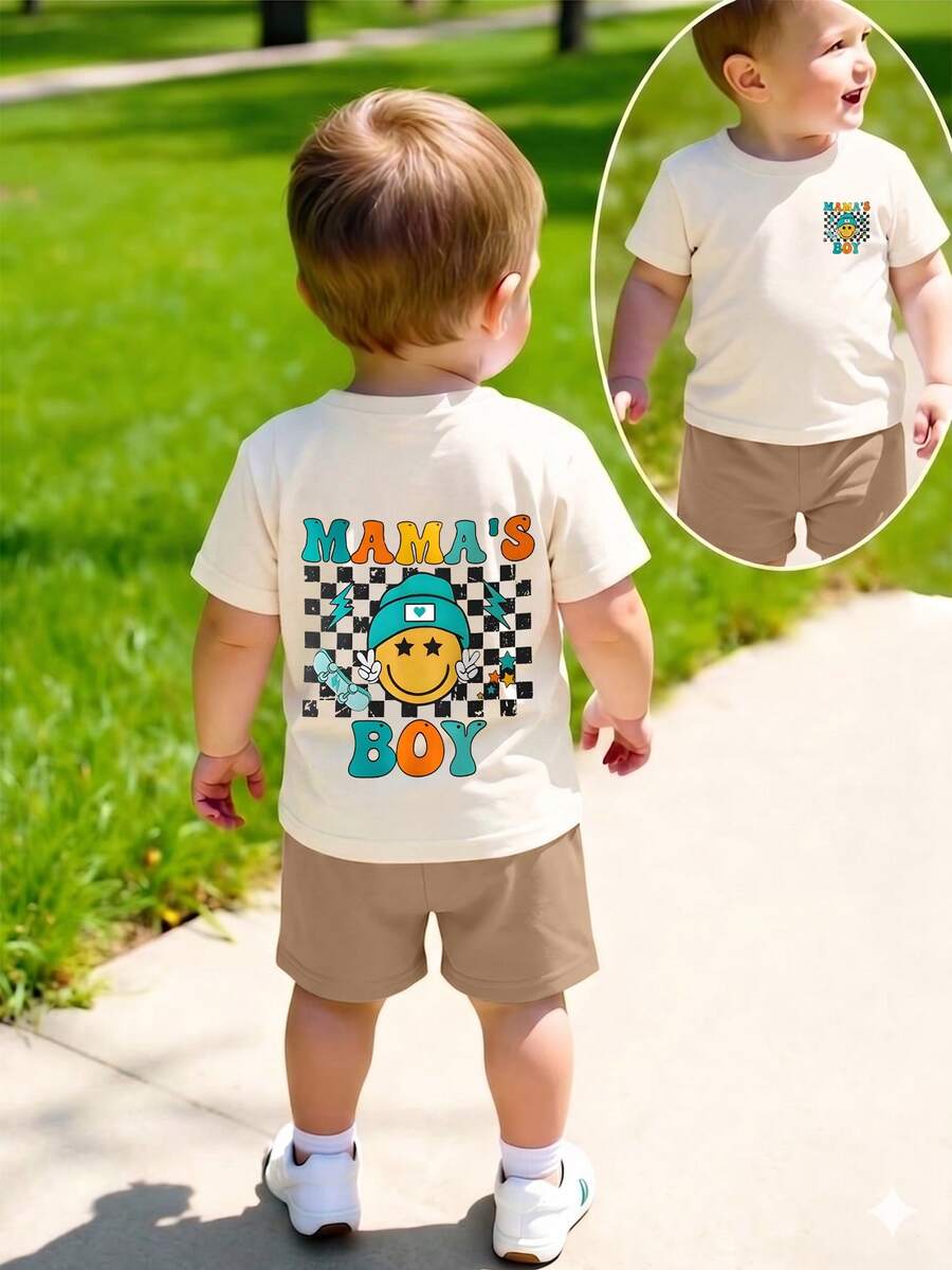 SHEIN 1 Set Baby Boys Casual Fashion Cool Cartoon Face Checkerboard Pattern "MAMA'S BOY" Letter Print Short Sleeve T-Shirt And Shorts Set, Suitable For Summer Outings - Multicolor - View 1