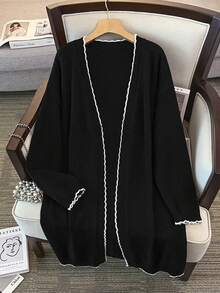 GlowEve CURVE Plus Size Elegant Colorblock Wavy Edge Long Sleeve Cardigan - Black and White - View 1