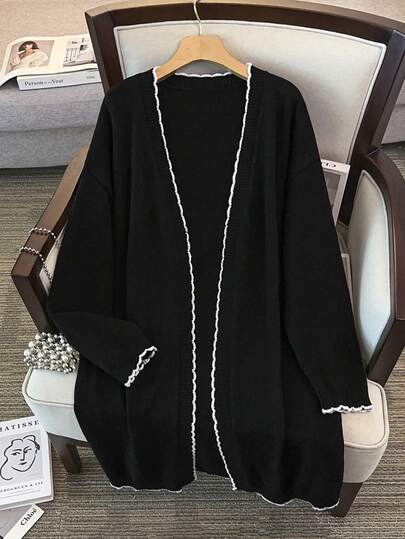 GlowEve CURVE Plus Size Elegant Colorblock Wavy Edge Long Sleeve Cardigan