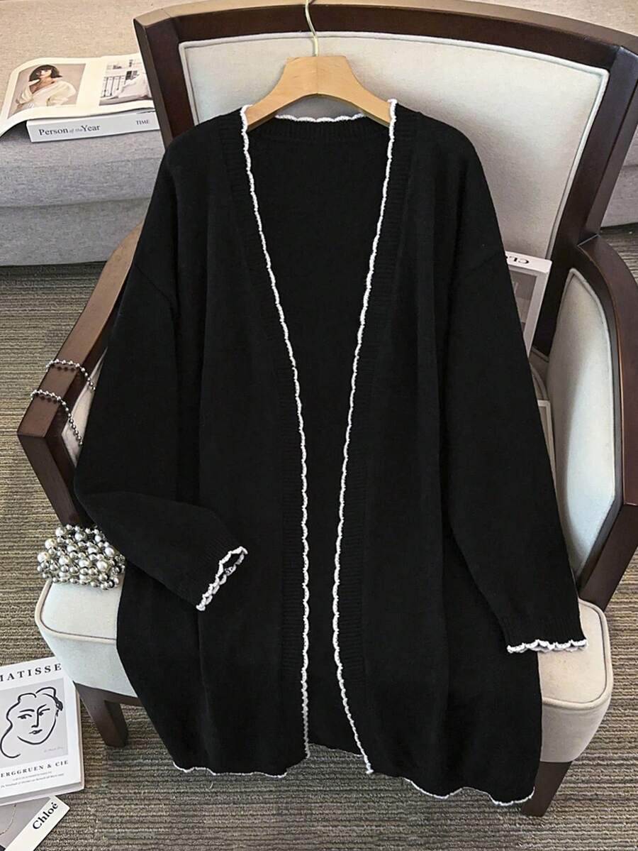 GlowEve CURVE Plus Size Elegant Colorblock Wavy Edge Long Sleeve Cardigan - Black and White - View 1