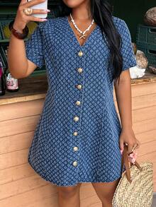 SHEIN CURVE+ 大尺碼夏季休閒前開扣牛仔洋裝 - 深色水洗藍 - 查看 3