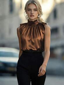 EMERY ROSE Black Mandarin Collar Ruffle Hem Sleeveless Elegant Blouse For Women - Coffee Brown - View 3