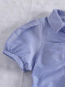 SHEIN Explorewe 青少年女孩休閒度假時尚梭織條紋布料泡泡袖短袖襯衫，寬鬆舒適，適合夏季日常通勤、外出聚會、拍照、海灘度假 - 藍色 - 查看 6