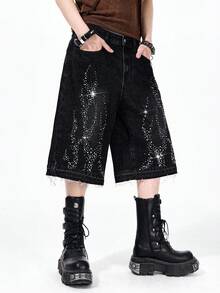 ROMWE MEN Street Life Men's Rhinestone Embellished Relaxed Straight Leg Cropped Jeans, Versatile - Black - View 1
