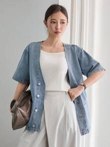 Dazy-Less 女款寬鬆休閒度假牛仔外套 夏季 - 藍色 - 查看 4