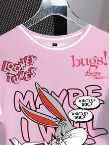 LOONEY TUNES X SHEIN 女式字母与卡通图案圆领短袖T恤 - 白色 - 查看 5