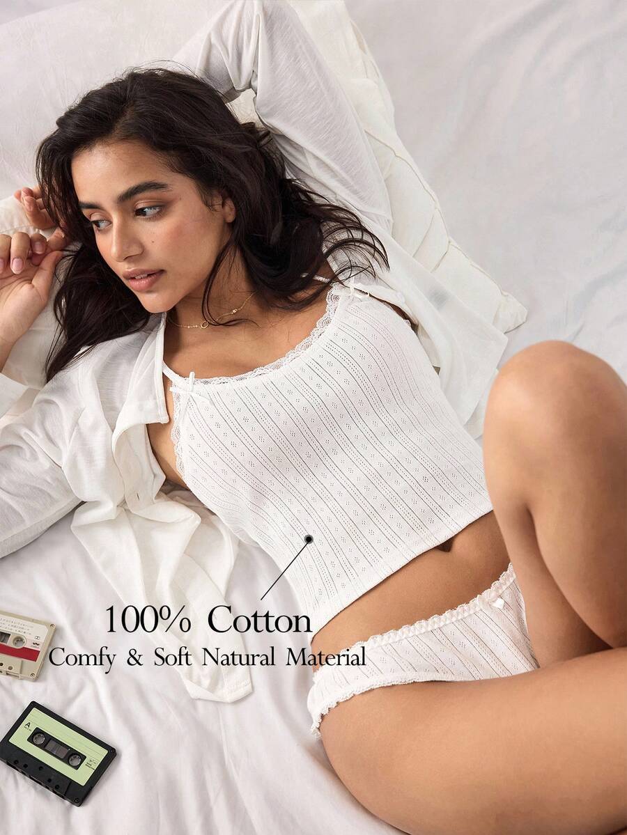 Ocili Soft Cotton Jacquard Textured Fabric Comfortable Minimalist Lace Camisole, Women Sleepwear Top - White - View 1
