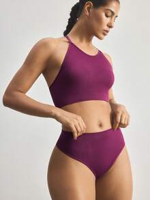 Ocili 2pcs/Set Seamless Comfortable Minimalist Bra And Thong Panty Set For Women - Purple - View 6