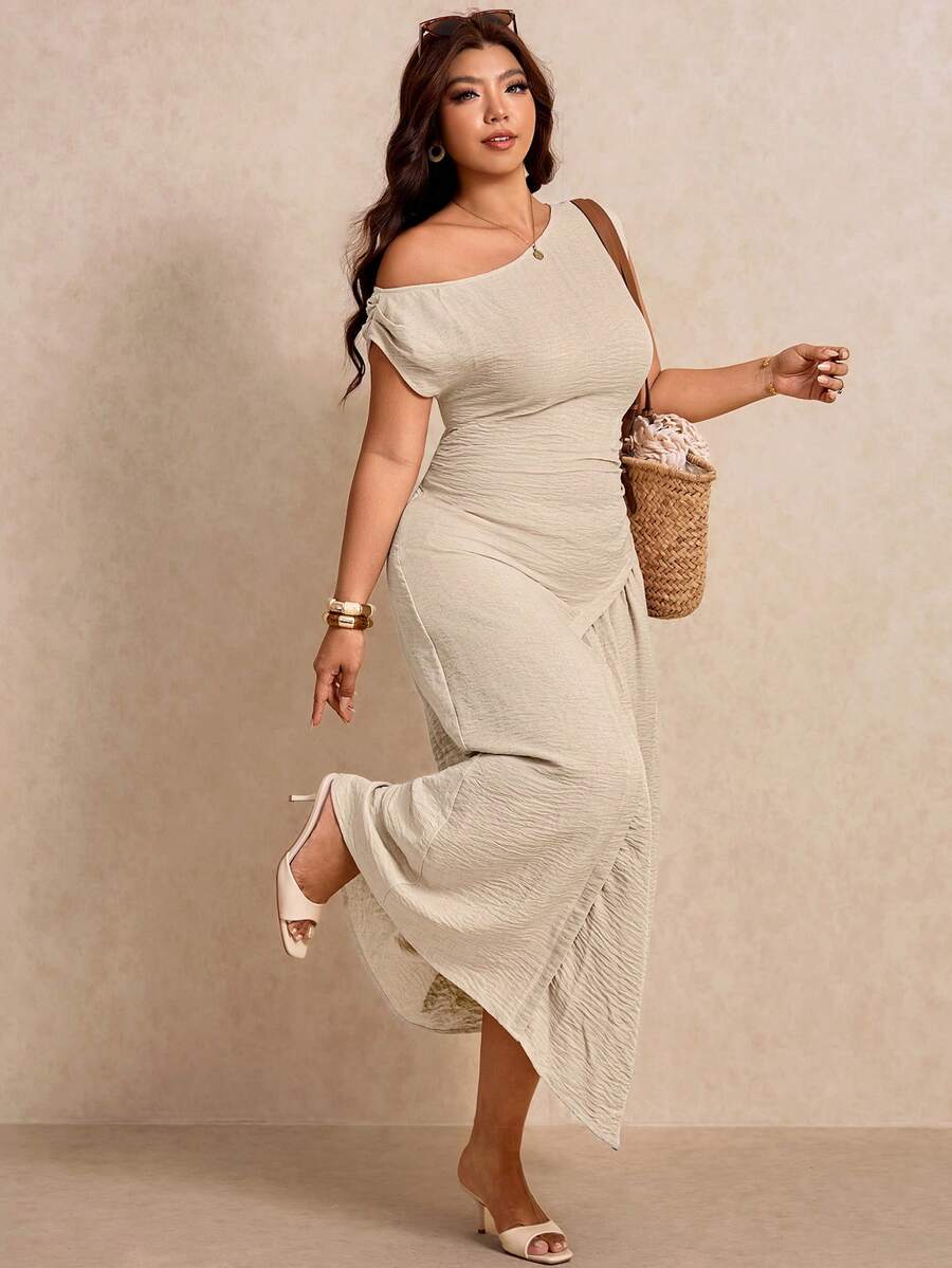 Elaquor Plus size enfärgad semesterklänning med asymmetrisk urringning, casual - Aprikos - Visa 1