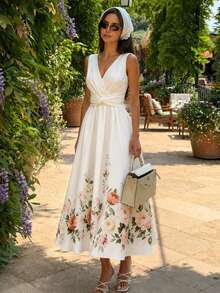 Franclia Elegant Casual Romantic Pink Floral Print High-Waisted A-Line Dress Women's Summer 70s Style Sleeveless Party Mother Of The Bride Bachelorette Wedding - Apricot - View 9