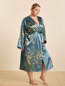Hourtrue 1pc Plus Size Women Floral Print Satin Robe, V-Neck Long Sleeve Loose Bathrobe, Kimono Style Tie Waist Long Loungewear, Smooth Silk-Like Fabric, Machine Washable, Suitable For Home Use - Olive Green - View 6