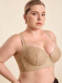 Hourtrue 1 buah Bra Lingerie Ukuran Plus dengan Renda Kontras, Nyaman, Tanpa Jahitan, Berkawat, Berbantalan, dan Bantalan yang Dapat Diatur, Mengangkat - Khaki - View 4