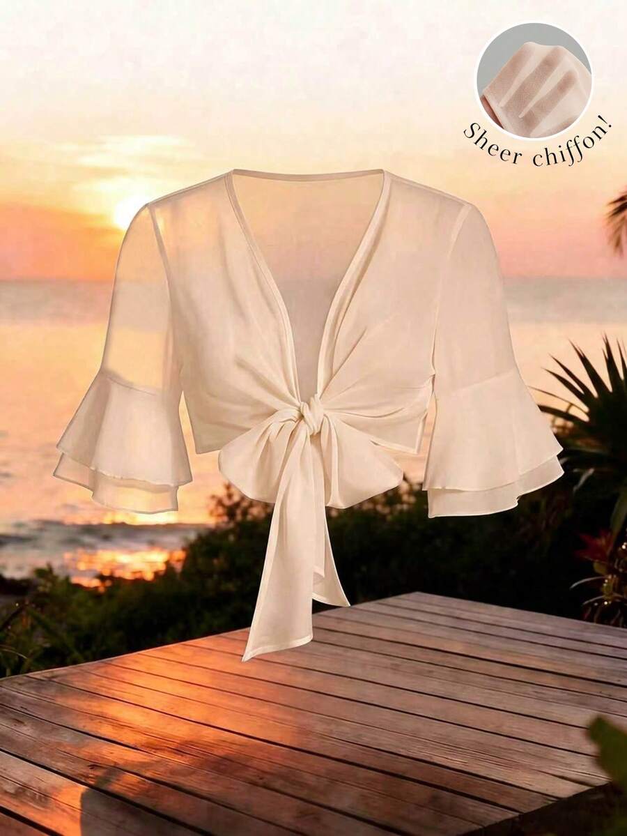 GlowEve Women's Solid Color Ruffle Sleeve Short Blouse - Apricot - View 1
