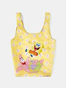 SpongeBob SquarePants | SHEIN Cartoon Printed Foldable Shopping Bag, Lightweight Waterproof Large Capacity Storage Bag, Suitable For Supermarket Purchases, Short Trips, Daily Commuting - Mustard Yellow - View 9