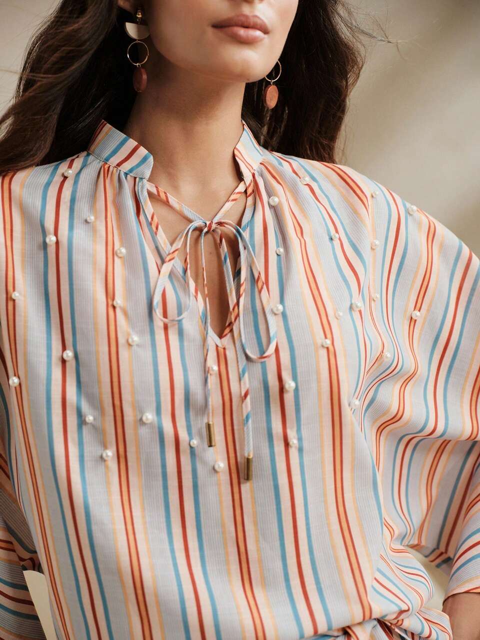 Vacation Style V-Neck Summer Modern Retro Random Pearl Colorblock Striped Design Women's 2-Piece Set