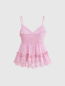 ROMWE Kawaii Cute Sexy Mesh Lace Pendant Ruffle A-Line Women's Cami Tank Top - Pink - View 2