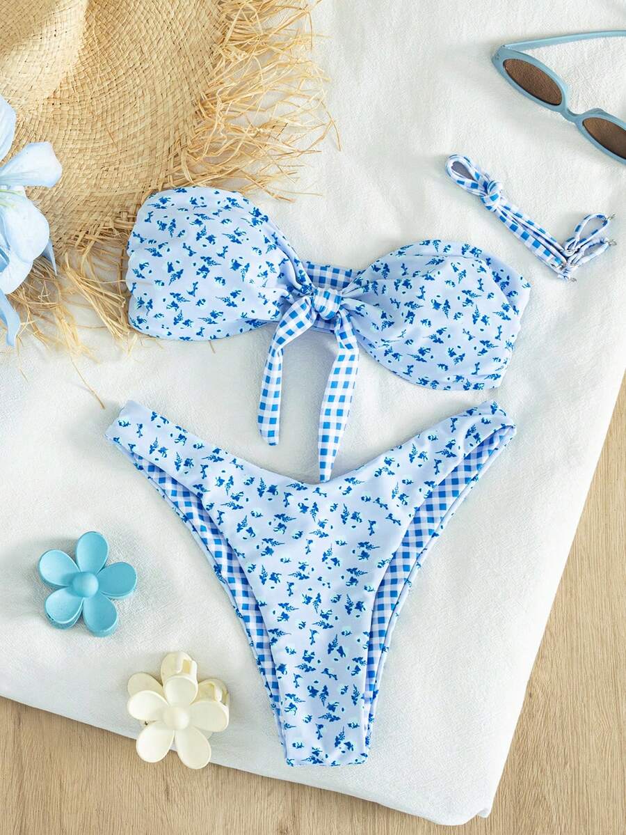 Swim Mod 女款派對戶外夏季海灘簡約優雅休閒度假基本百搭小碎花拼接格紋印花可反穿平口露背比基尼泳衣上衣附胸前繫帶蝴蝶結對比色高衩泳褲2件組,修身顯瘦出遊海灘泳衣適合春假秋季開學季慕尼黑啤酒節音樂節假期春季促銷海邊氛圍度假穿搭春假服裝派對泳衣情人節新年開學嘉年華母親節國際婦女節家庭出遊巴西六月節春假畢業季雙11 - 彩色 - 查看 1