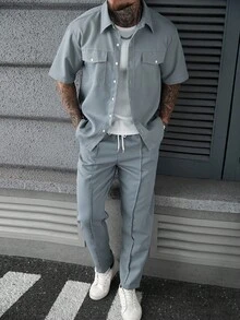 SLATEMANN Men's Plus Size Solid Color Short Sleeve Single-Breasted Shirt And Pants Casual Set - Dusty Blue - View 3