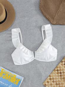 Swim Basics 新款歐美女款性感時尚極簡純色荷葉邊抓皺深V露背綁帶上衣 - 白色 - 查看 4