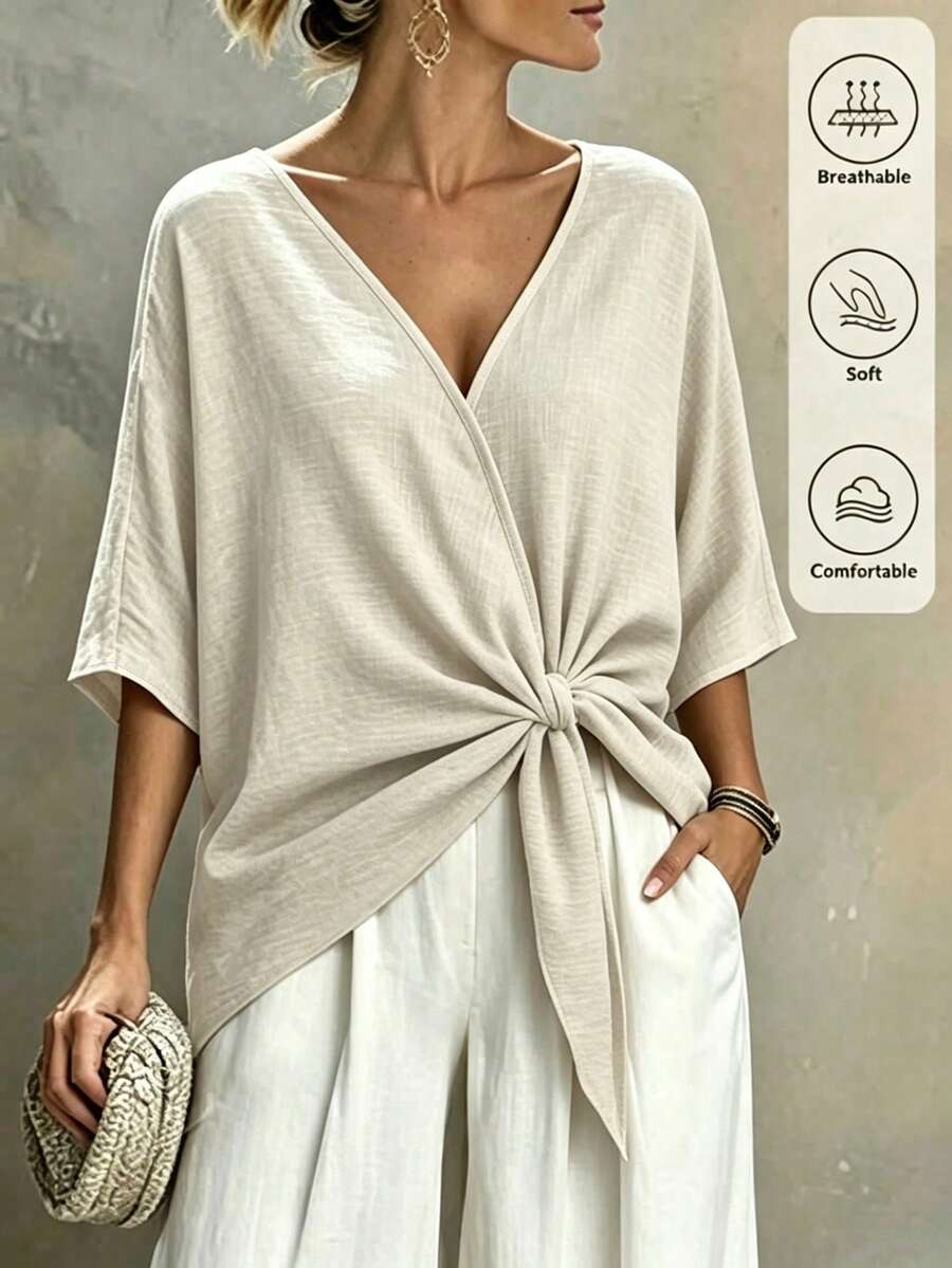 SHEIN Holidaya 女款素色蝙蝠袖前綁帶休閒度假襯衫 - 淺灰色 - 查看 1