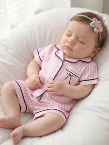 SHEIN 2pcs/Set Baby Girl Home Pajamas With Exquisite Embroidered Pattern, Matching Satin Trim - Pink - View 1