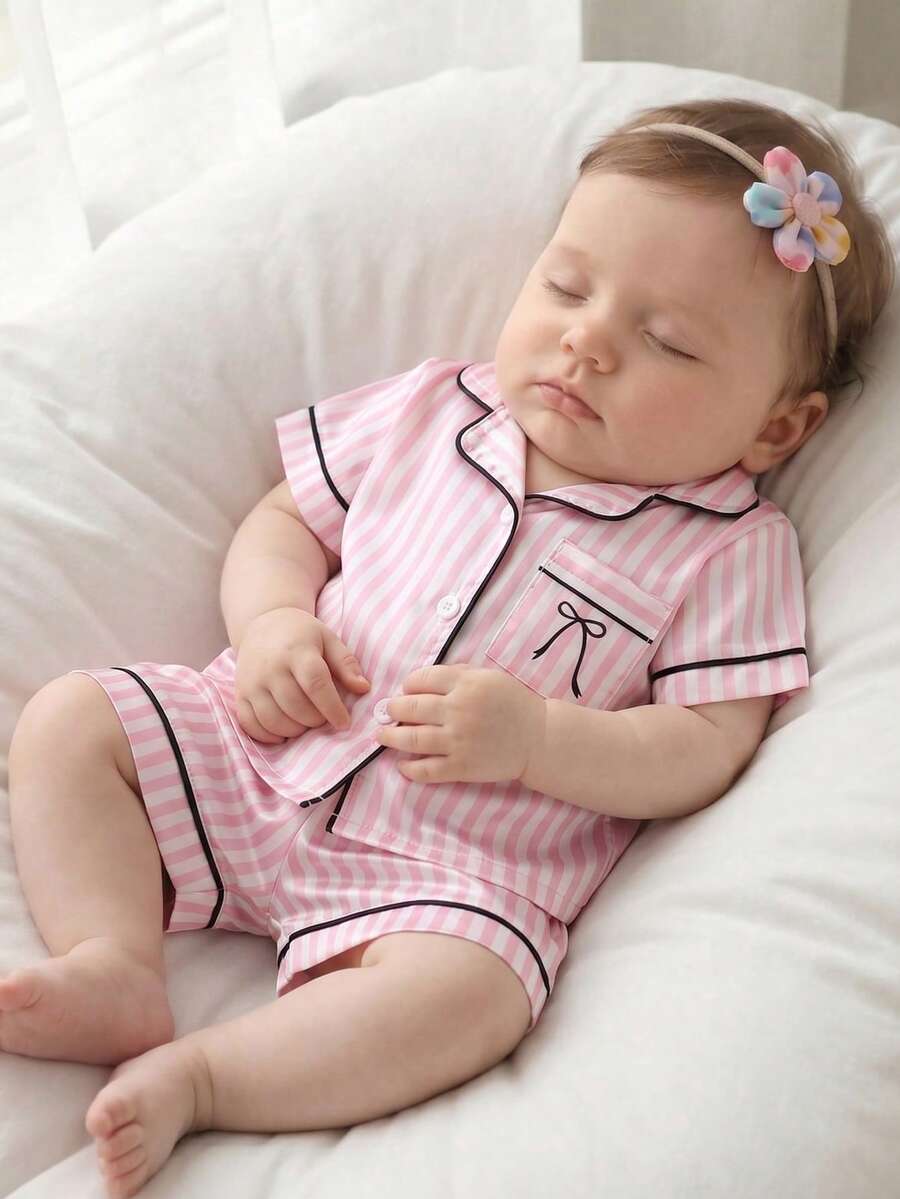 SHEIN 2pcs/Set Baby Girl Home Pajamas With Exquisite Embroidered Pattern, Matching Satin Trim - Pink - View 1