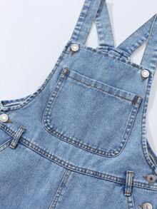 SHEIN Celana Jeans Denim Biru Muda Klasik Model Lurus dan Lebar untuk Remaja Perempuan, Bordir Berbentuk Hati, Kancing Logam, Saku Belakang, Cocok untuk Musim Panas, Sekolah, dan Olahraga. - Light Wash - View 5