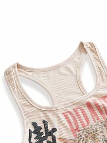 ROMWE Avant Women's Vintage Leopard Print Tank Top With Chinese And English Text - Apricot - View 3