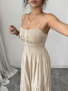 Elenzga Women's Solid Color Pleated Faux Denim Button Strap Sleeveless Ruffle Jumpsuit - Apricot - View 4