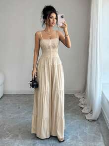 Elenzga Women's Solid Color Pleated Faux Denim Button Strap Sleeveless Ruffle Jumpsuit - Apricot - View 7